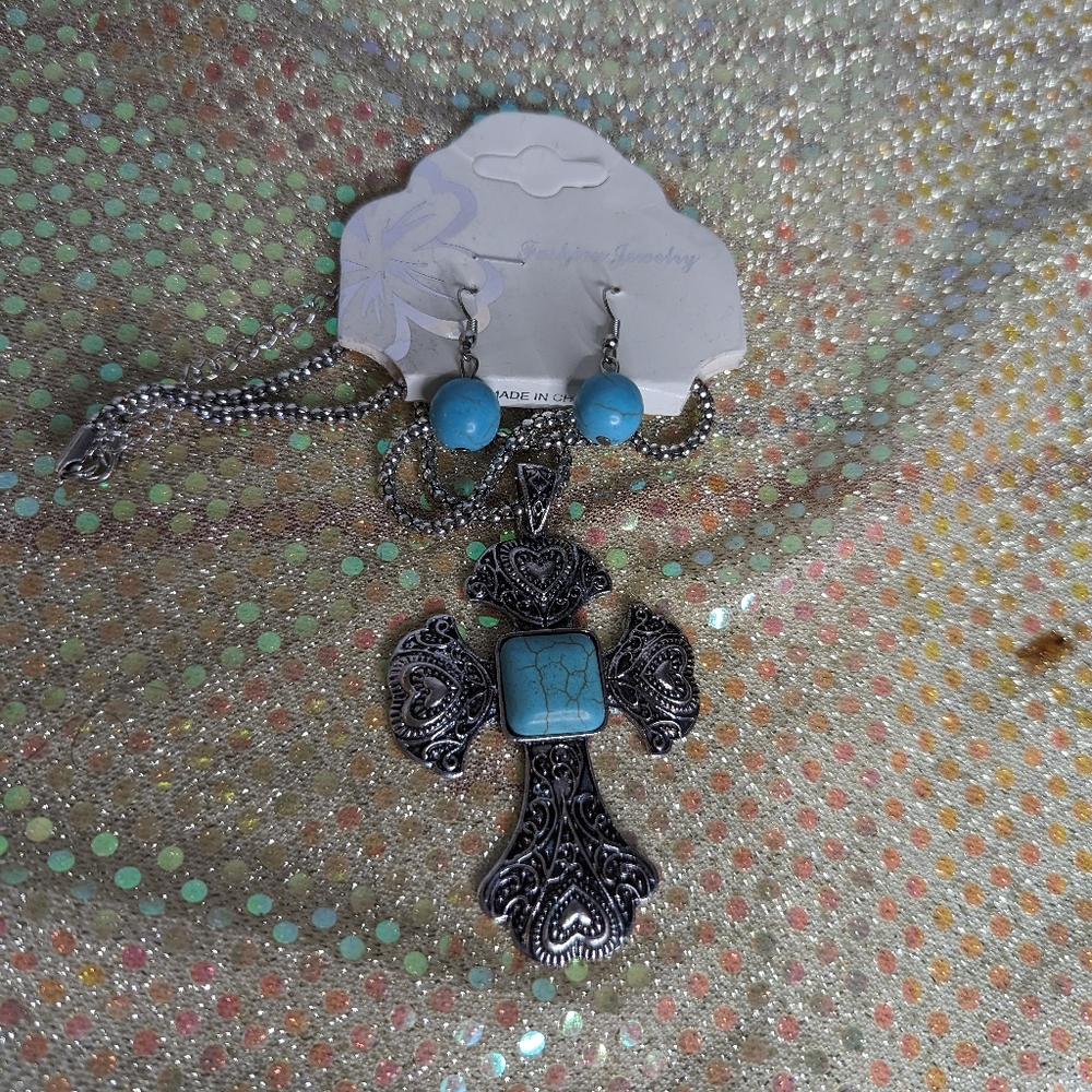 Simulated turquoise cross pendant necklace with matching earrings set